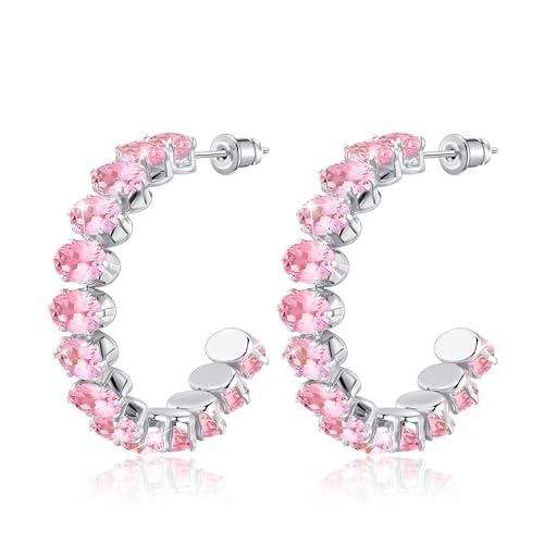 Linawe Rosa Ohrhänger Silber Ohrschmuck, Ohrringe Silber Hängend, Creolen Groß Edelstahl Ohrringe Damen, Silberne Modeschmuck Ohrring mit Stein, Weißgold Nickelfreie Silberschmuck von Linawe