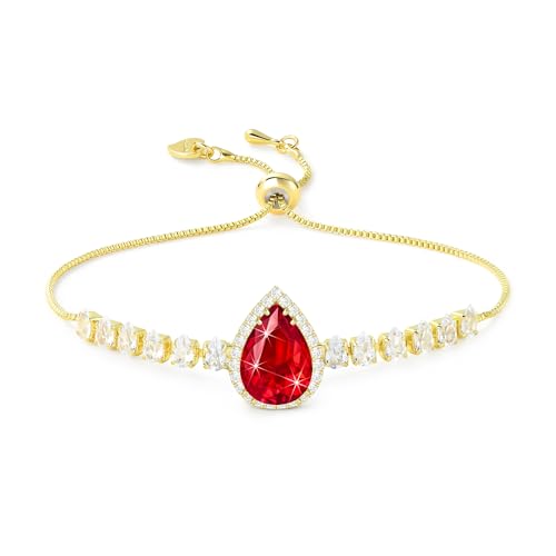 Linawe Rot Rubin Armband Damen Tennisarmband Gold Schmuck, Armbänder Damenarmband Armkette Bracelet Jewelry, Edelstein Diamant Kristall Armband Set, Geburtsstein Handkette von Linawe