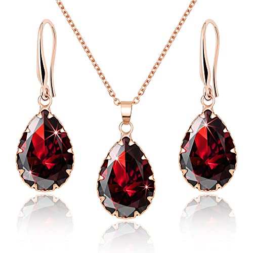 Linawe Rot Ruby Schmucksets Schmuck Set Damen, Ohrringe Hängend Damenohrringe Set, Kette Halskette Anhänger Kette Rosegold, Brautschmuck Modeschmuck Jewelry Set von Linawe
