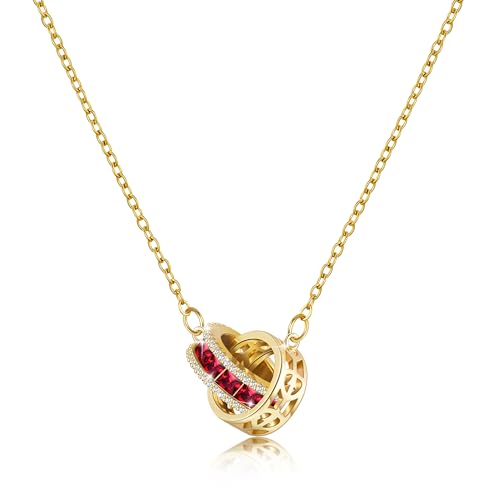 Linawe Rubin Rot Edelsteine Anhänger Kette Damen, Halskette Goldkette Statement Kettenanhänger Jewelry Necklace, Goldene Edelstahl Geburtsstein Kristall Modeschmuck Kette Set, Kupfer Schmuck Vergoldet von Linawe