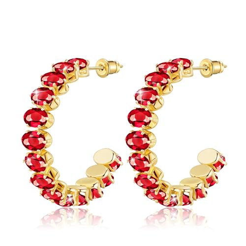 Linawe Rubin Rot Ohrringe Gold Hängend, Creolen Gold Groß Schmuck Ohringe Edelstahl Damen, Goldene Ohrhänger Modeschmuck Hängende Ohrringe Vergoldet von Linawe