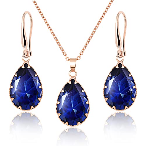Linawe Saphir Schmucksets Schmuck Set Damen, Rosegold Damenohrringe Ohrringe Hängend Ohrringe Set, Anhänger Kette Halskette Modeschmuck Jewelry, Brautschmuck Jewellery von Linawe