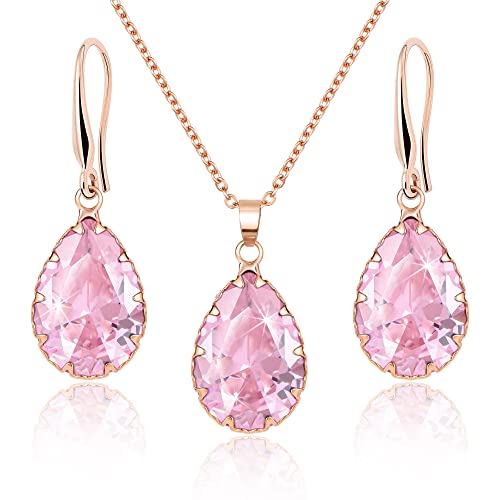 Linawe Schmuck Set Pink Schmucksets für Damen, Kette Halskette Anhänger Rosegold, Ohrringe Hängend Hochzeit Damenohrringe Set, Brautschmuck Modeschmuck Jewelry Set von Linawe