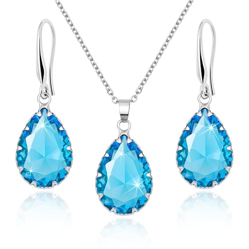 Linawe Schmuck Set Schmucksets für Damen, Aquamarin Blaue Kette Halskette Silberkette Kettenanhänger Silber, Anhänger Ohrringe Set Damenohrringe Hängend, Earrings Necklace Women von Linawe