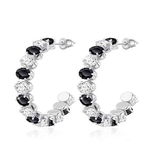 Linawe Schwarz Ohrringe Silber Hängend, Creolen Groß Ohringe Edelstahl Damen, Hypoallergene Ohrhänger mit Stein, Modeschmuck Hängende Ohrringe Ohrschmuck Weißgold, Silberne Creolen Nickelfreie von Linawe