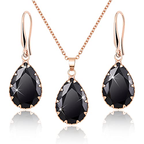 Linawe Schwarze Anhänger Kette Halskette Damen, Schmucksets Schmuck Set, Damenohrringe Ohrringe Set Rosegold Ohrringe Hängend, Modeschmuck Jewelry Set von Linawe