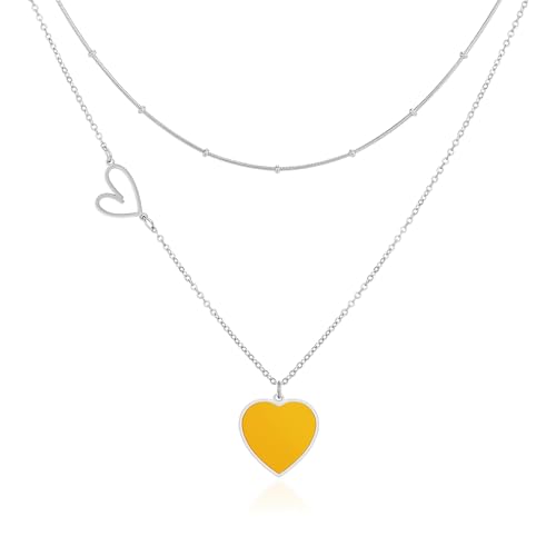 Linawe Silberkette Silber Herzkette Herz Kette Halskette Damen, Edelstahlkette Edelstahl Gelb Schmuck Jewelry, Kette mit Anhänger Silberschmuck, Statement Layering Ketten Set von Linawe