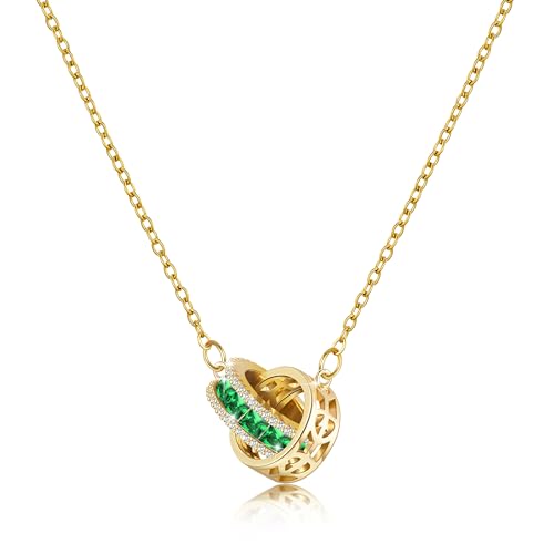 Linawe Smaragd Grün Edelsteine Anhänger Kette Gold Damen, Halskette für Frauen Damenschmuck, Edelstahlkette Vergoldet Geburtsstein Kristall Kette Set, Goldkette Goldene Modeschmuck Jewelry von Linawe