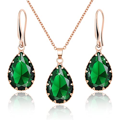 Linawe Smaragdgrün Schmuck Set Schmucksets für Damen, Smaragd Anhänger Kette Halskette, Rosegold Damenohrringe Ohrringe Hängend, Modeschmuck Brautschmuck Jewelry von Linawe