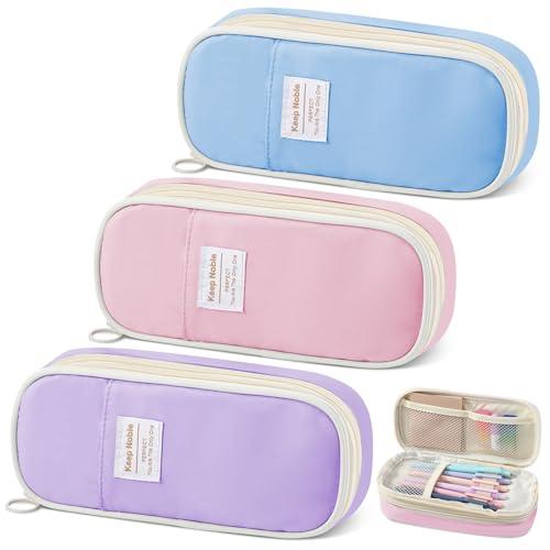 Lincia Federmäppchen mit großem Fassungsvermögen, mit Reißverschluss, große Aufbewahrung, hohe Kapazität, Tasche, Organizer für Büro, Uni, Reisen, 3 Stück (Rosa, Blau, Violett) von Lincia