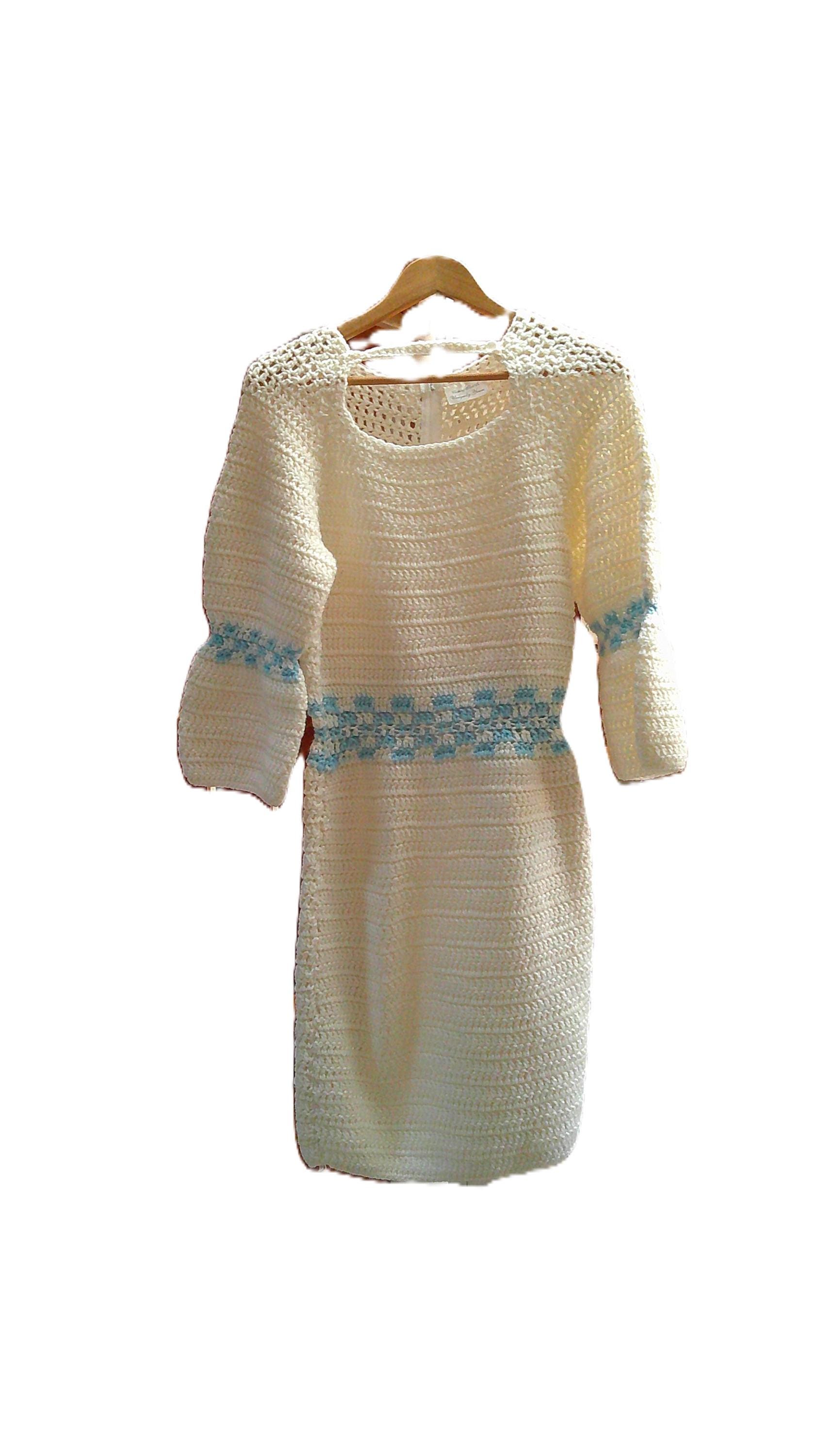 Elegantes Weißes Acryl Kleid Mit Baby Blauer Schachbrett Borte Petite Size 4-6 von LindasGeneralStore