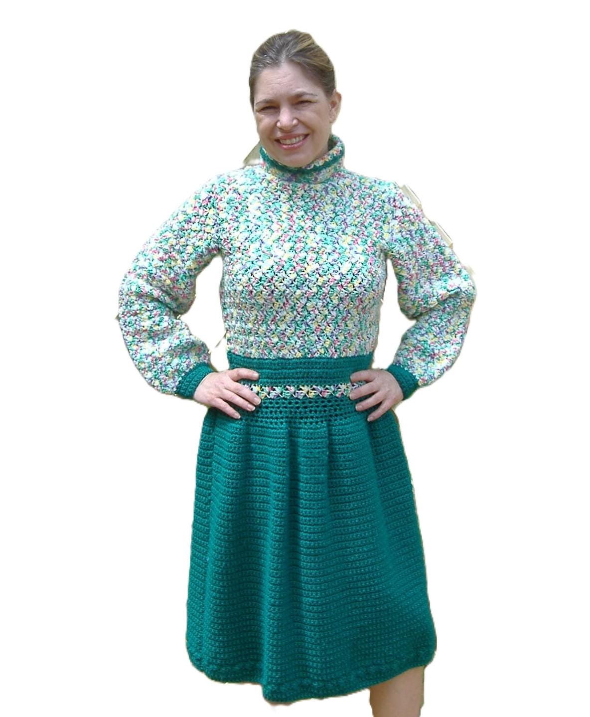 Handgemachte Gehäkelte Acryl Kleid, Jade Grüner Rock, Crayon Print Mieder, Petite Größe von LindasGeneralStore