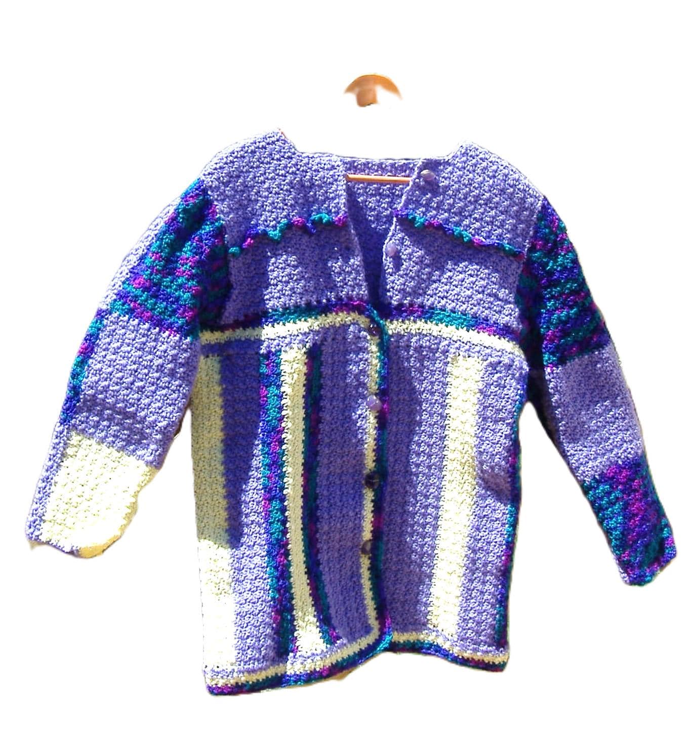 Handgemachte Gehäkelte Color Block Strickjacke Lila & Gelb Vertikale Streifen von LindasGeneralStore