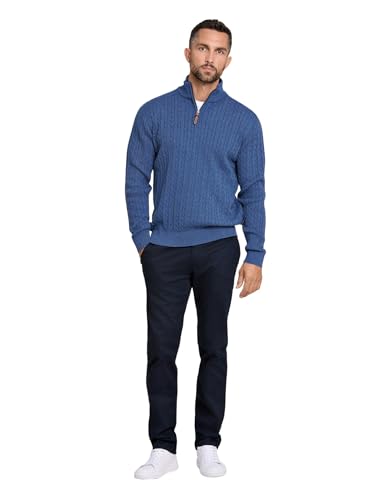 Lindbergh Pullover Herren mit Reißverschluss | Strickpullover Zip Herren aus 100% Baumwolle im Zopfmuster | Relaxed Fit mit hohem Kragen & Rippbündchen | Farbe Blau | Größe XXXL von Lindbergh