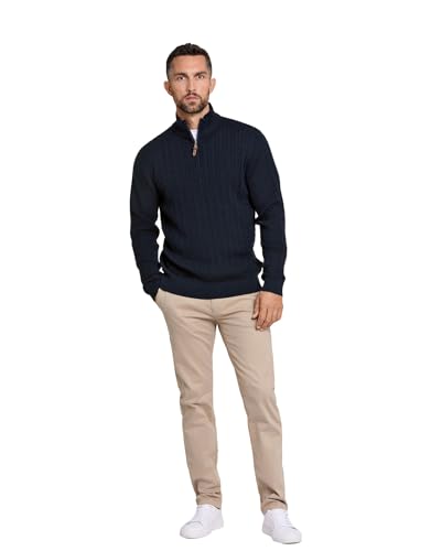 Lindbergh Pullover Herren mit Reißverschluss | Strickpullover Zip Herren aus 100% Baumwolle im Zopfmuster | Relaxed Fit mit hohem Kragen & Rippbündchen | Farbe Dunkelblau | Größe S von Lindbergh