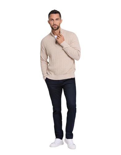 Lindbergh Pullover Herren mit Reißverschluss | Strickpullover Zip Herren aus 100% Baumwolle im Zopfmuster | Relaxed Fit mit hohem Kragen & Rippbündchen | Farbe Weiß | Größe S von Lindbergh