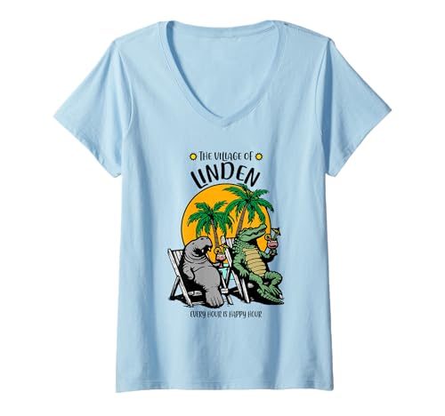 Damen The Village of Linden TV Seekuh Alligator Design T-Shirt mit V-Ausschnitt Damen The Village of Linden TV Seekuh Alligator Design T-Shirt mit V-Ausschnitt von Linden TV FL USA Designs and Souvenirs