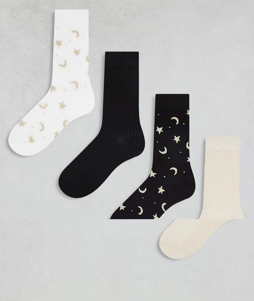 Lindex - 4er-Pack Socken in verschiedenen Farben mit glitzernden Mond- und Sternprint-Details-Bunt von Lindex