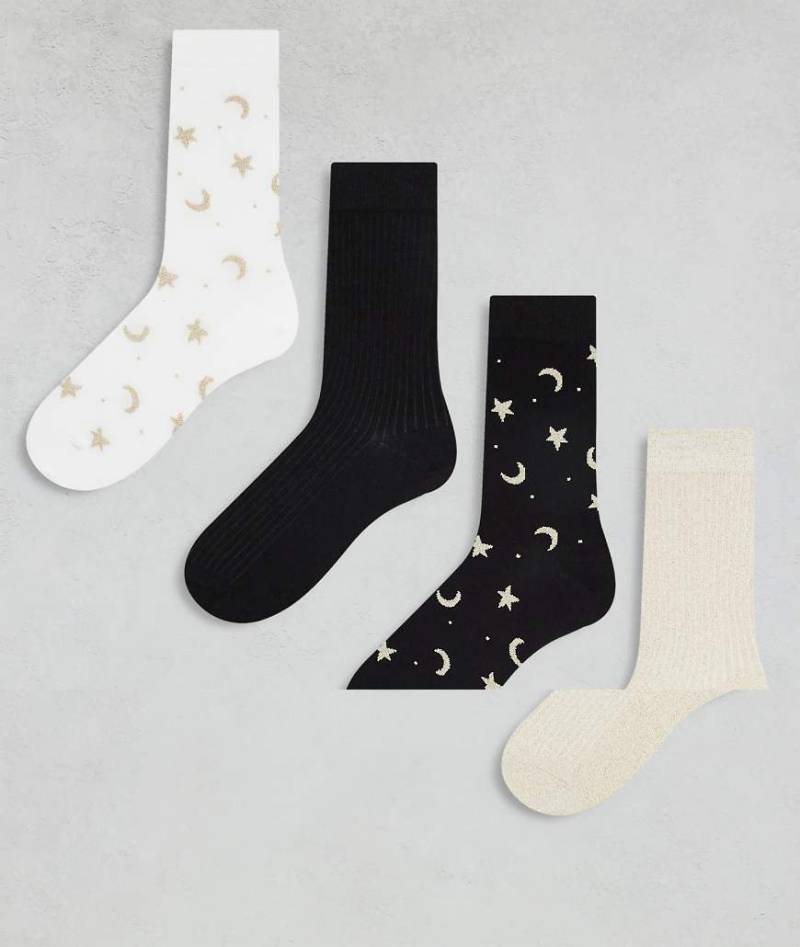 Lindex - 4er-Pack Socken in verschiedenen Farben mit glitzernden Mond- und Sternprint-Details-Bunt von Lindex