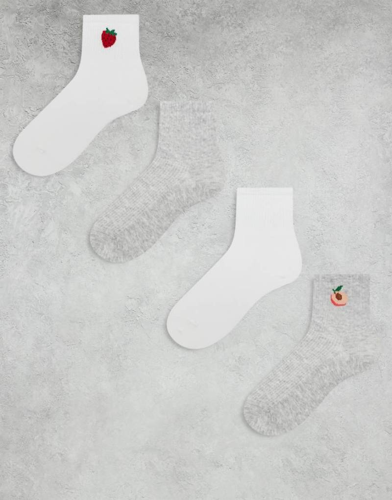 Lindex - 4er-Pack gerippte Socken in Grau und Weiß mit Fruchtdetail-Bunt von Lindex