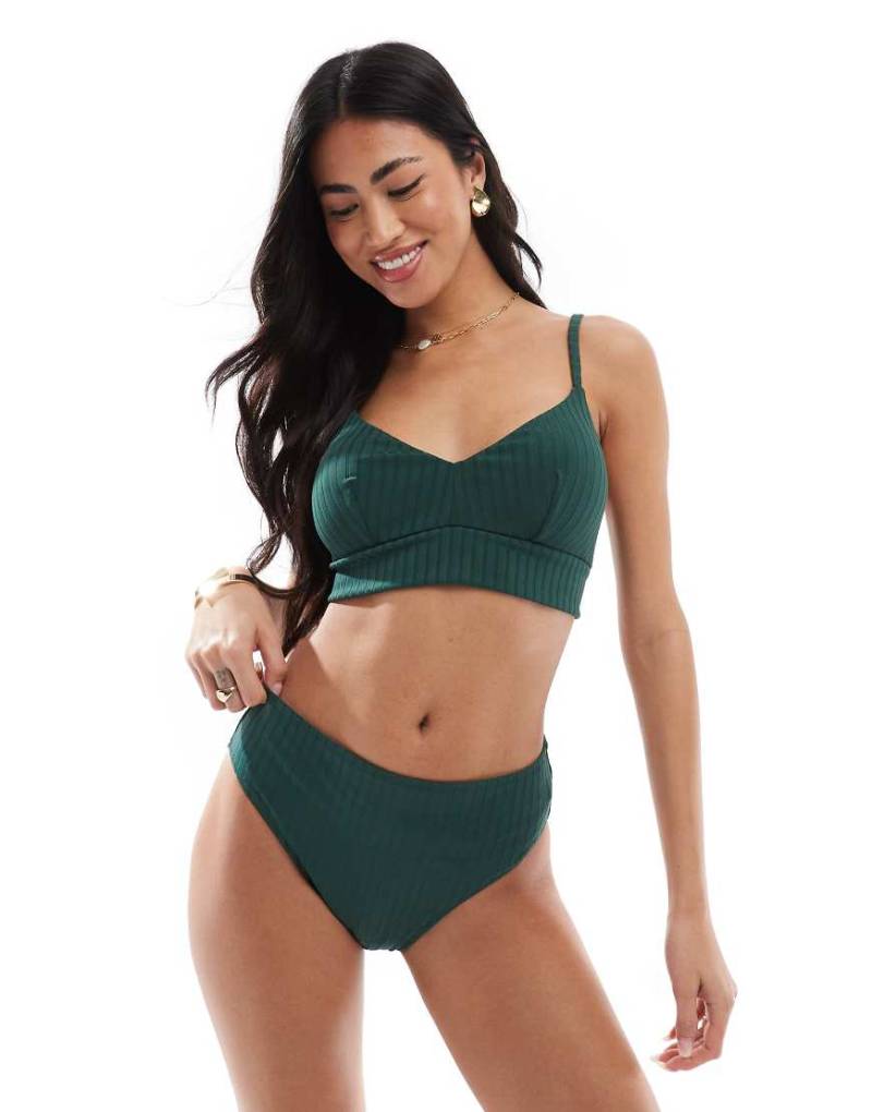 Lindex - Hanna - Gerippte Bikinihose in Khaki mit hohem Bund-Grün von Lindex