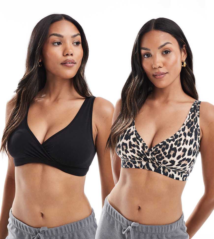 Lindex - MOM - 2er-Pack gewickelte Still-Bustiers in Schwarz und mit Leopardenmuster-Bunt von Lindex