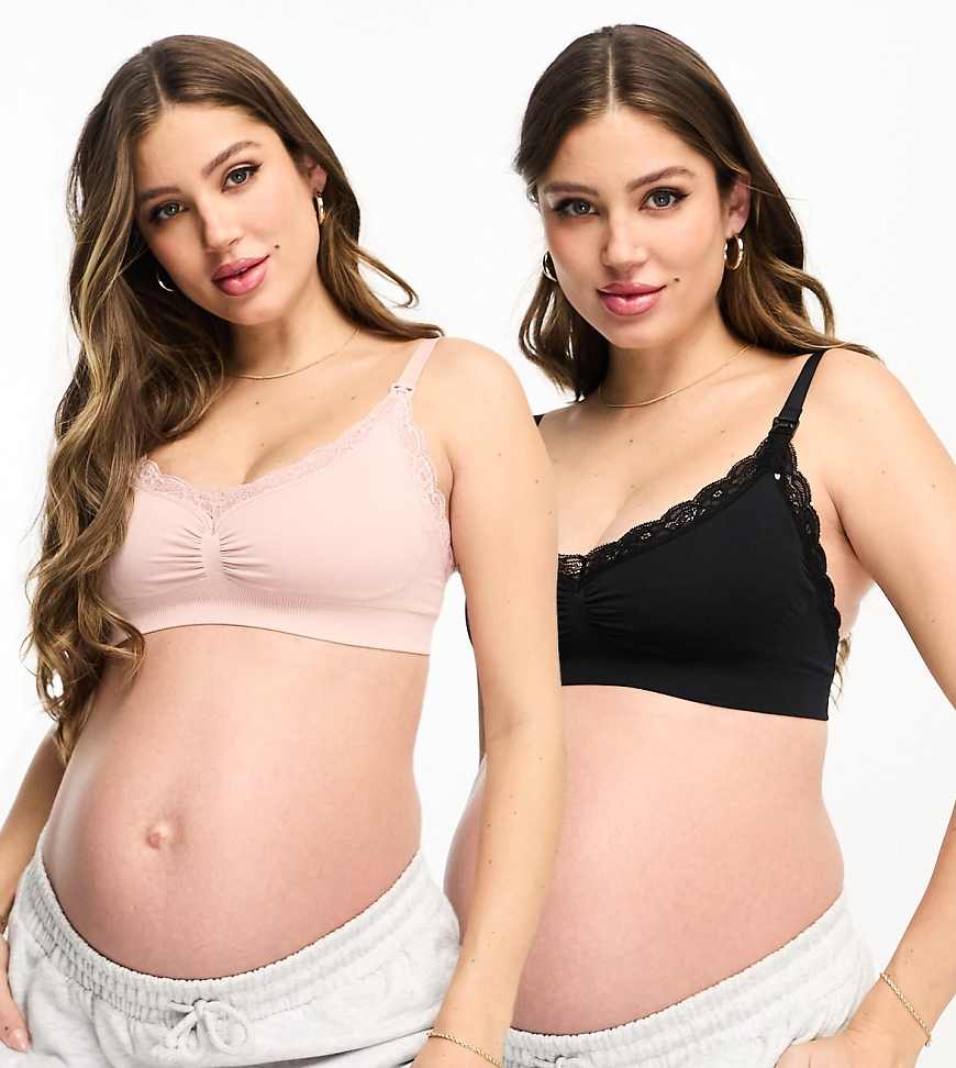 Lindex Maternity - MOM - 2er-Pack nahtlose BHs aus Spitze in Rosa und Schwarz-Bunt von Lindex