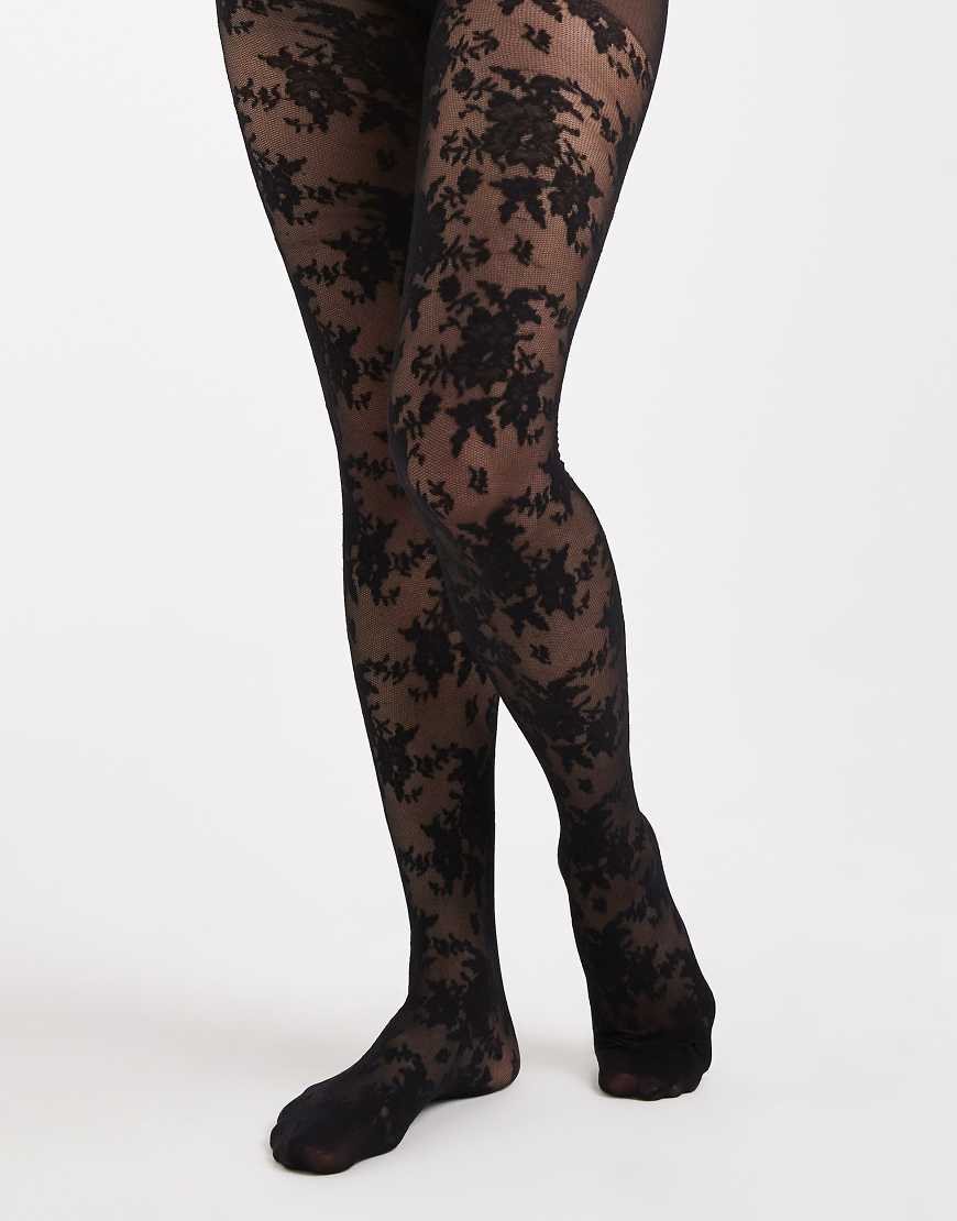 Lindex - Strumpfhose aus floraler Spitze in Schwarz, 40 DEN von Lindex
