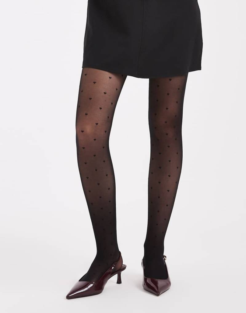 Lindex - Strumpfhose in Schwarz mit Herzmuster, 30 DEN von Lindex