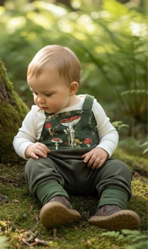 Schlupf-Latzhose Bio Breitcordnicky Khaki Fliegenpilz Elfen Mitwachsend von LindwurmShop