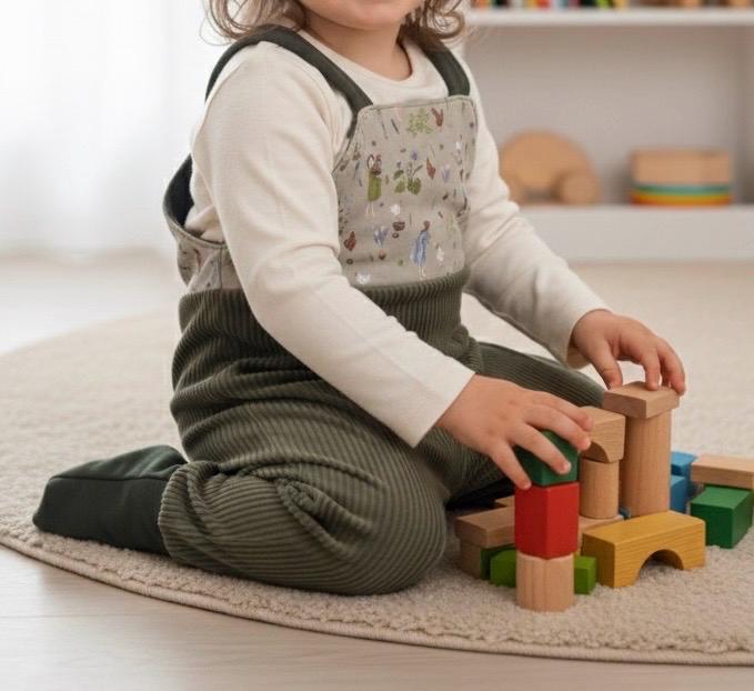 Schlupf-Latzhose Bio Breitcordnicky Khaki Glückliche Hühner Mitwachsend von LindwurmShop