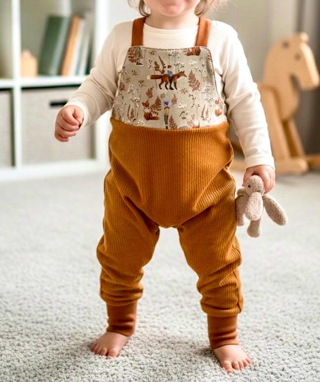 Schlupf-Latzhose Bio Breitcordnicky Senfgelb Fuchsliebe Mitwachsend von LindwurmShop