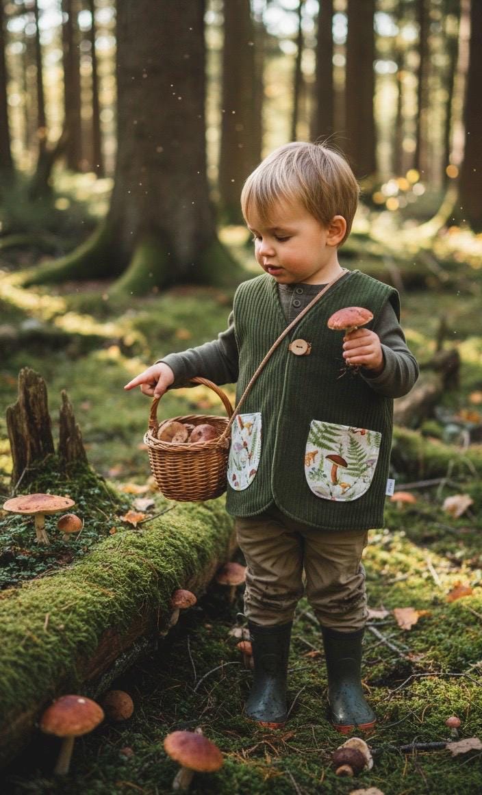 Weste Bio Breitcordnicky Kinder Waldgrün Pilze Taschen Leibchen von LindwurmShop