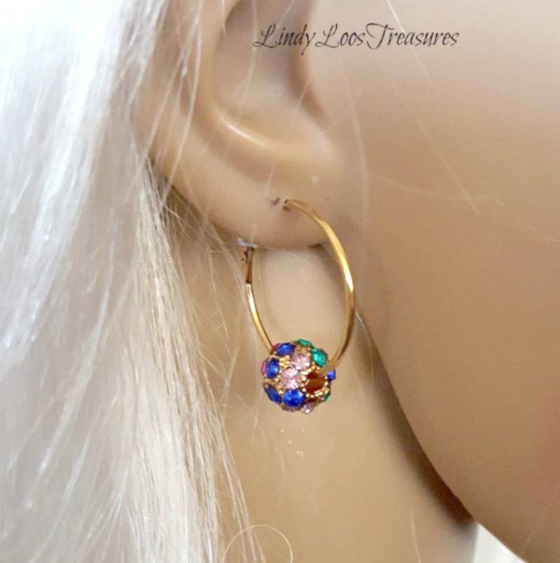 Glücksperlen Kristall Strass Creolen Spinning Bead Creolen, Gold Ohrringe, Muttertagsgeschenk von LindyLoosTreasures