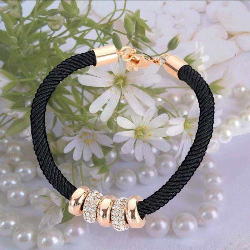 Gold Schieberinge Armband, Schwarzes Seil Stretch Perlen Strass Bettelarmband von LindyLoosTreasures