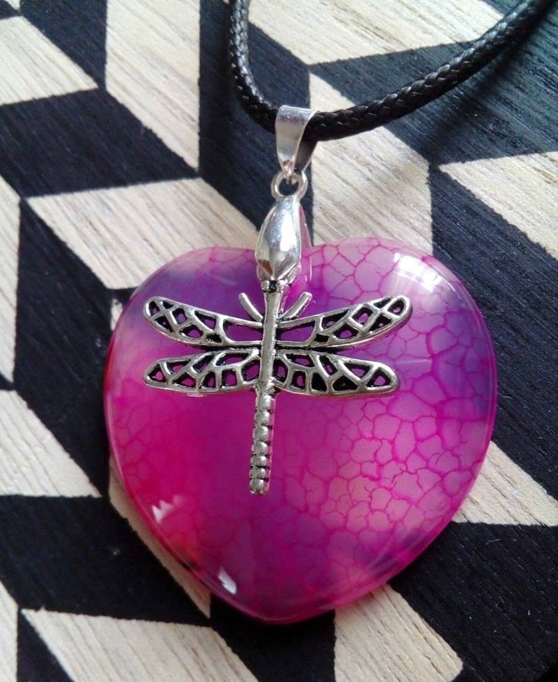 Großer Rosa Drachen Ader Herz Anhänger, Libelle Charm Halskette, Hot Pink Valentinstag Geschenk von LindyLoosTreasures