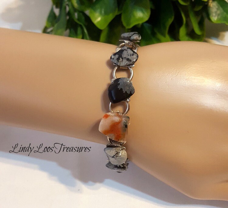 Handgemachtes Grau/Schwarzer Achat Armband, Silber Stein Edelstein Verschluss Geschenk Der Mutter Tages von LindyLoosTreasures