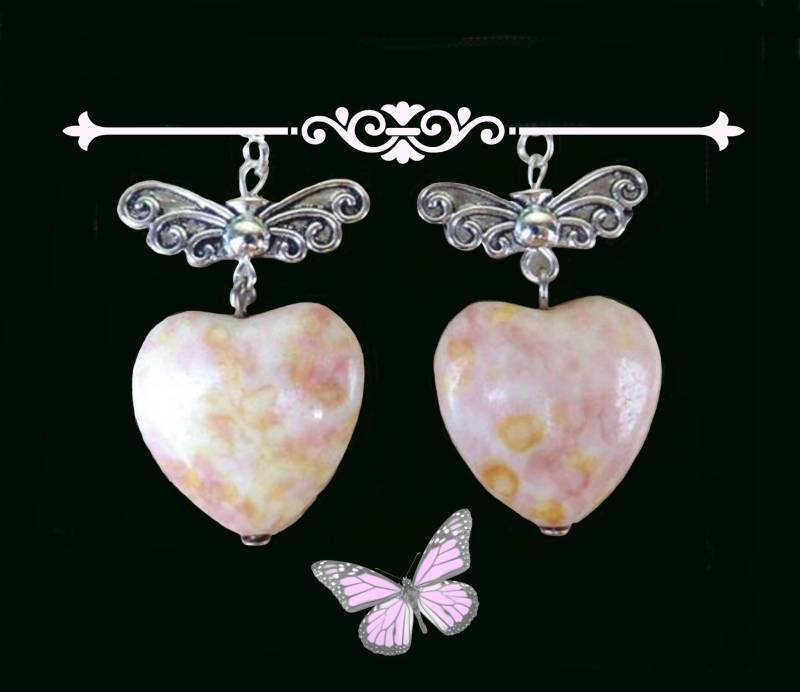 Rosa Herz Ohrringe, Pink & Gelb Regen Steinohrringe, Liebe Schmetterling Herzen Und Schmetterlinge von LindyLoosTreasures