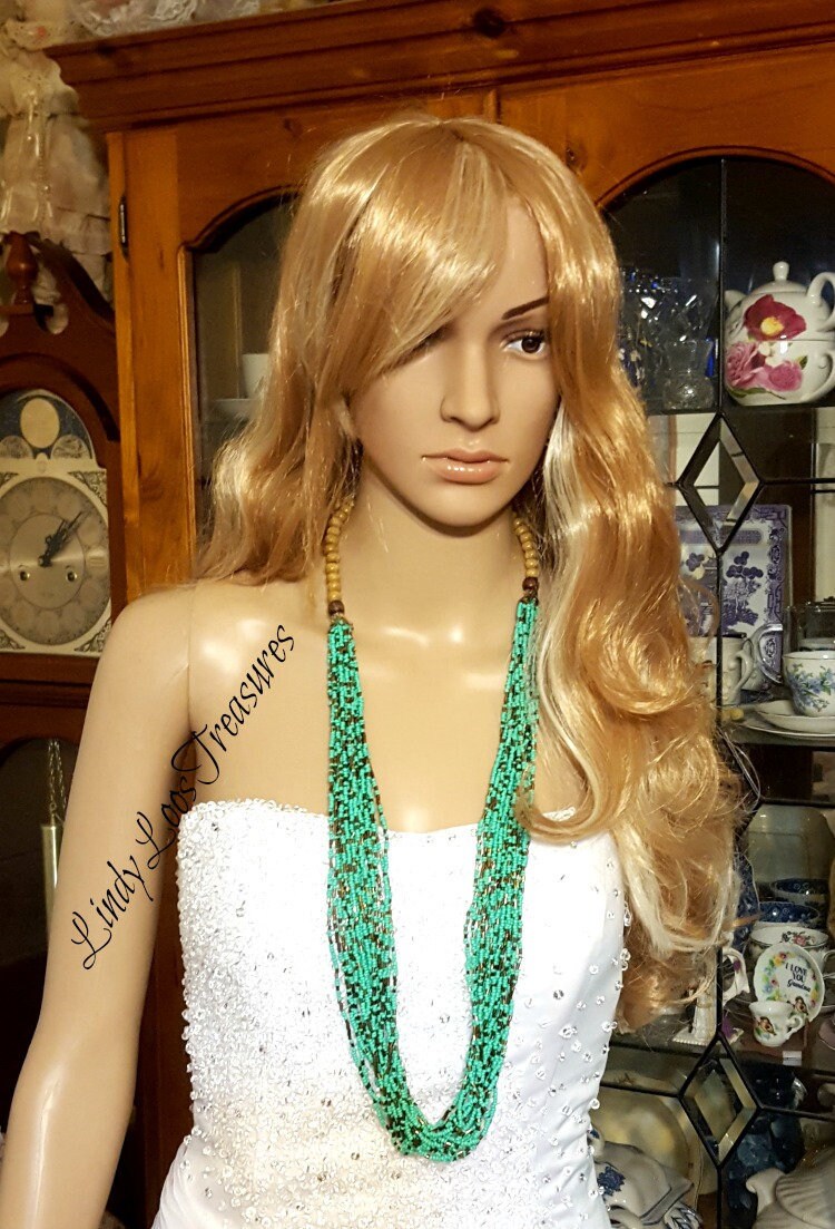 Türkis Multi Strang Perlen Halskette, Seed Perlenkette, Handgemachte Lange Halskette von LindyLoosTreasures