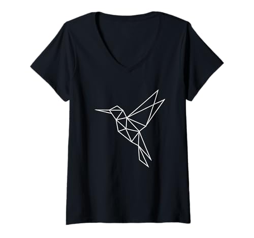 Damen Geometrische Origami-Kolibri-Kontur T-Shirt mit V-Ausschnitt Damen Geometrische Origami-Kolibri-Kontur T-Shirt mit V-Ausschnitt von Line Art Spirit