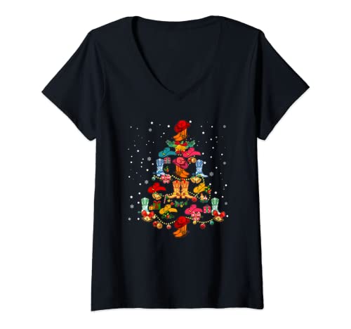 Damen Line Dance Boots Weihnachtsbaum - Line Dance Boots Xmas Tree T-Shirt mit V-Ausschnitt von Line Dance Boots Christmas Tree