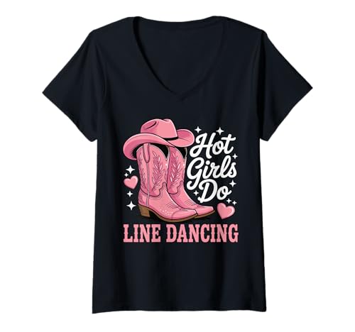 Damen Hot Girls Do Line Dancing T-Shirt mit V-Ausschnitt von Line Dance Country musik