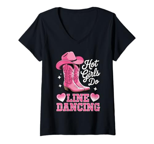 Damen Hot Girls Do Line Dancing T-Shirt mit V-Ausschnitt von Line Dance Country musik