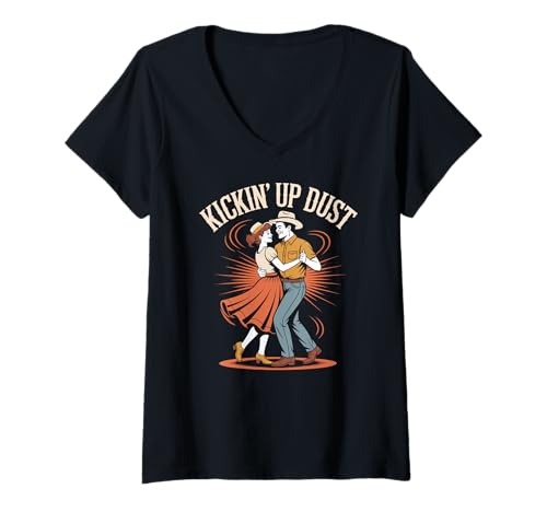 Damen Kickin' Up Dust Line Dancing Lebendige Moves T-Shirt mit V-Ausschnitt von Line Dancing Country Western Vibe Fun Cowboys