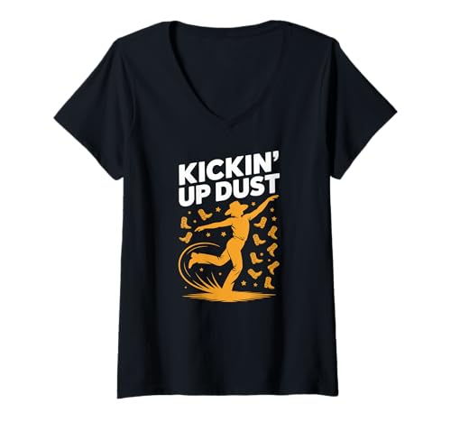 Damen Kickin' Up Dust Line Tanzender Cowboystiefel Stil T-Shirt mit V-Ausschnitt von Line Dancing Cowboy Boots Country Western Fun