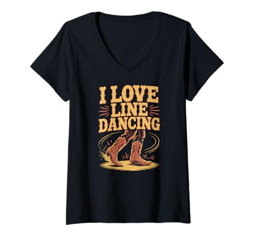 Damen I Love Line Dancing Western Country Stiefel T-Shirt mit V-Ausschnitt Damen I Love Line Dancing Western Country Stiefel T-Shirt mit V-Ausschnitt von Line Dancing Western Cowboy Boots Fun
