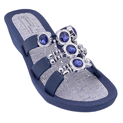 Linea Scarpa Damen Badeschuhe Korfu mit elegantem Dekor und Absatz - Innensohle Kork Optik - (Navy, Numeric_42) - fällt eher klein aus von Linea Scarpa