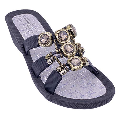 Linea Scarpa Damen Badeschuhe Korfu mit elegantem Dekor und Absatz - Innensohle Kork Optik - (Schwarz, Numeric_40) - fällt eher klein aus von Linea Scarpa