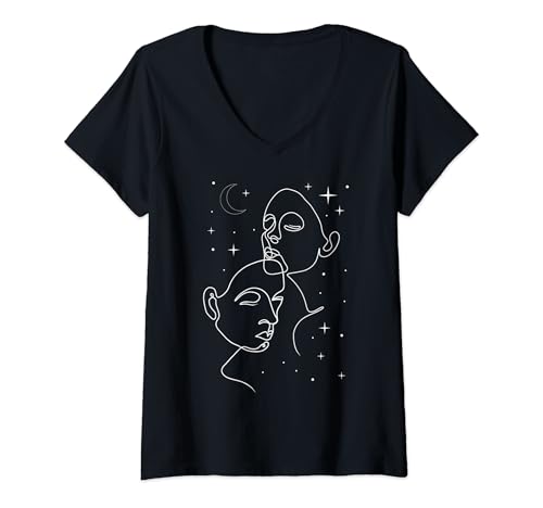 Damen Hand Drawn One Line Art Faces T-Shirt mit V-Ausschnitt von Lineart Gesichter Abstrakte Kunst Line Art DEILLUM