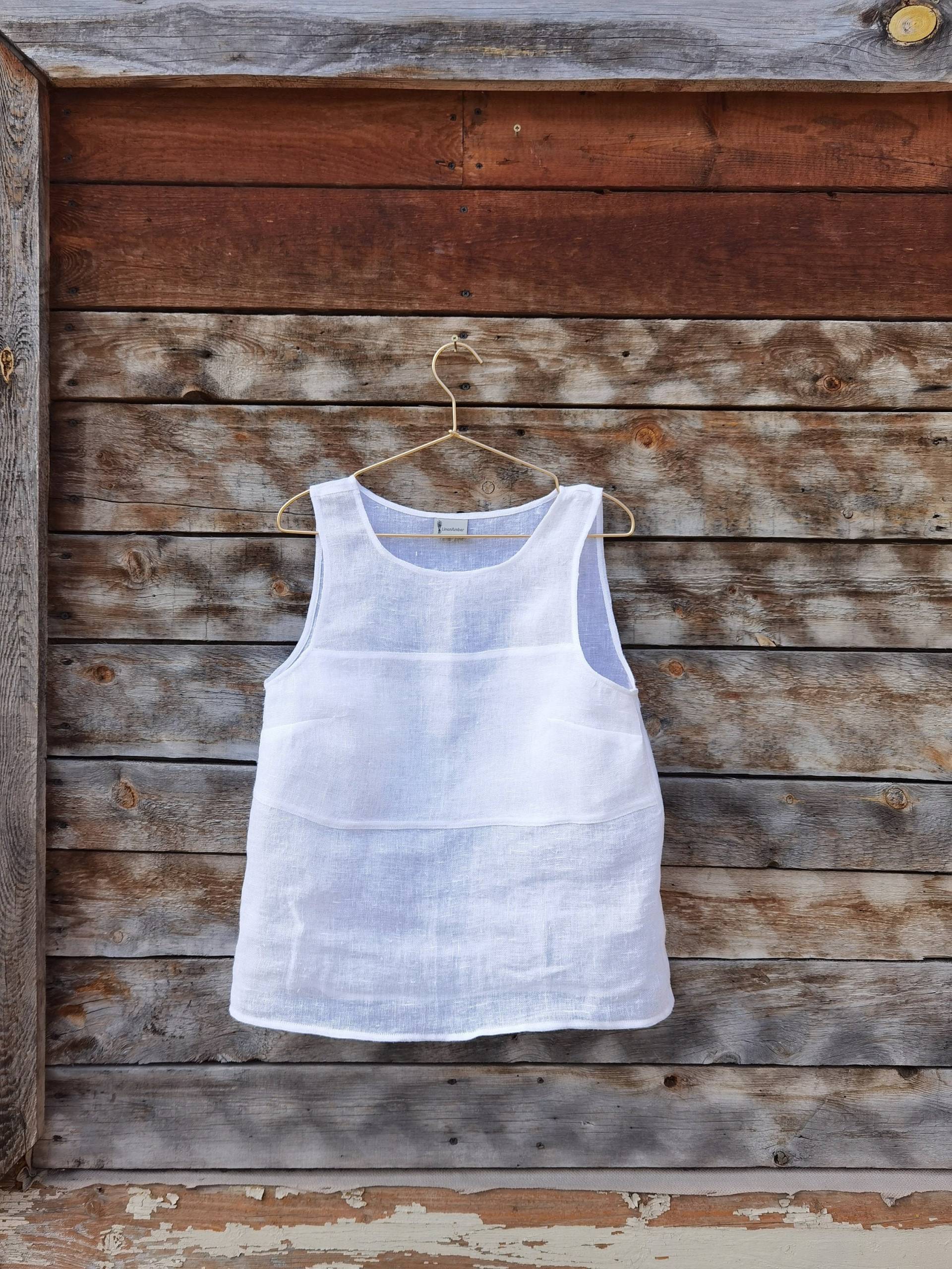 Tank-Top | Weißes Leinen Top Leinenbluse Lockeres Leinenbekleidung Kastiges Damen Bekleidung Leinenhemd Bluse von LinenAmber